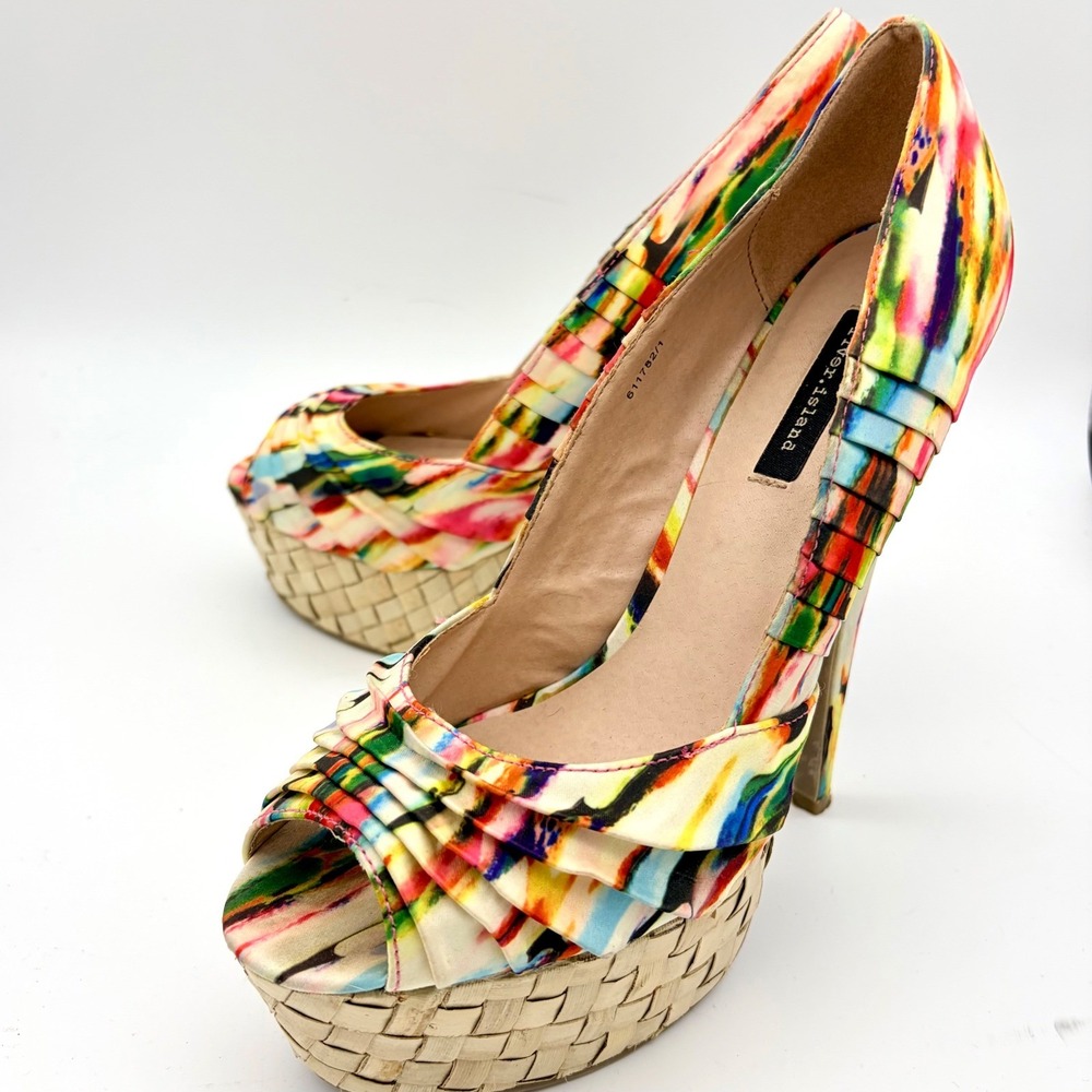 River Island Multicolor Abstract Pleated Peep Toe Platform Heels Pumps EU 38 7.5